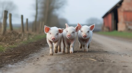 Three playful piglets walking down dirt path in farm setting