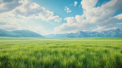 Obraz premium Green grass growing on vast field with mountains under blue cloudy sky