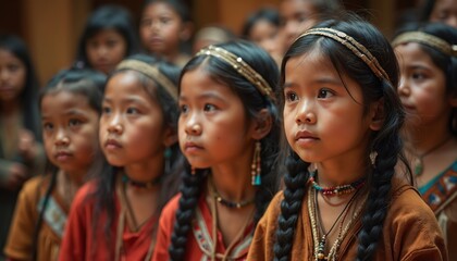 Obraz premium Group Native American children learn traditional dances, songs. Kids in traditional clothes. Indigenous culture, preserving heritage. Cultural center, heritage exploration, cultural exchange. Focus
