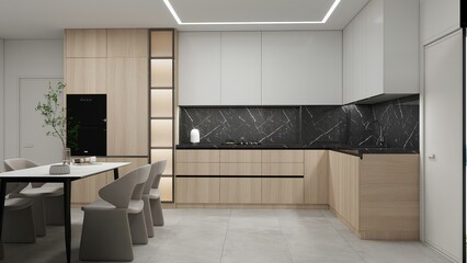 Modern kitchen with light wood cabinetry, matte black marble backsplash, sleek white uppers, and a cozy dining area—designed for elegance, comfort, and everyday functionality
