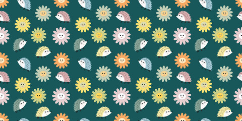 Seamless pattern with cute cartoon hedgehogs and smiling flowers on dark background, playful kids design