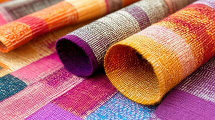 Vibrant textured fabrics in various colors and patterns for textile design