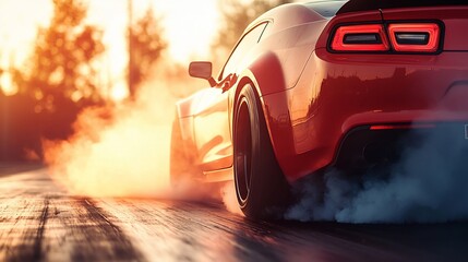 Red sports car accelerating on a drag strip, leaving a trail of smoke (1)
