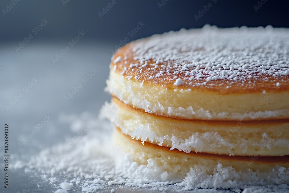Poster a frozen pancake stack with visible separation layers and soft frost detailing