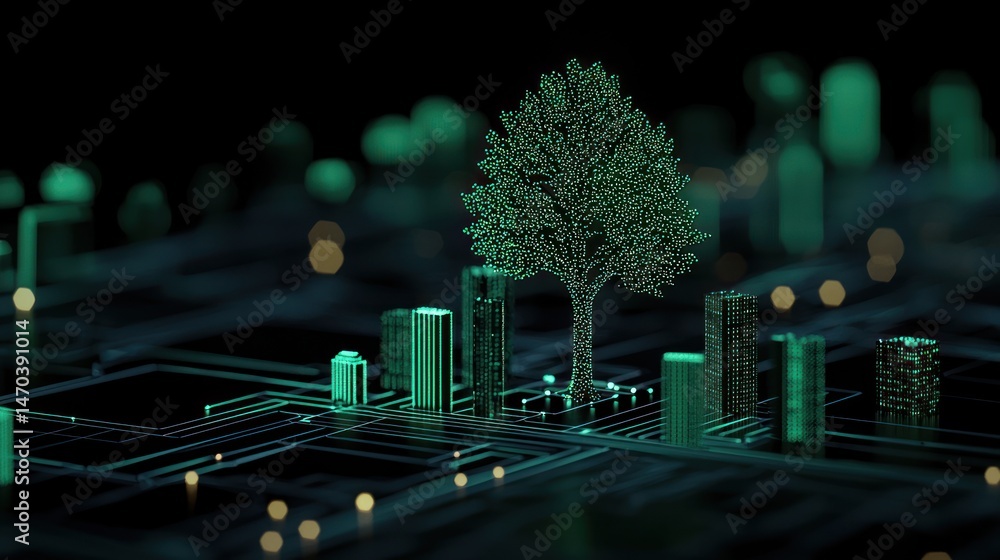 Poster A digital tree and city representing technology and environment concepts