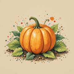 Watercolor pumpkin. Abstract floral arrangement with orange pumpkin.	