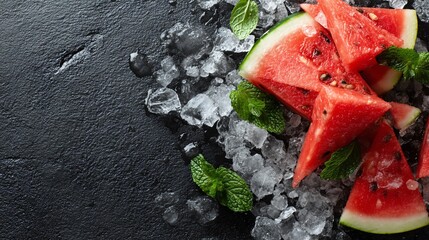 Flat lay of watermelon wedges and crushed ice on slate surface, rustic vibe