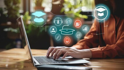 A woman uses a laptop with digital icons overlayed, symbolizing online education. A graduation cap and other symbols represent study, learning, and tech. - Powered by Adobe