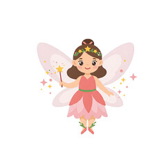 Adorable fairy girl with pink dress and wings holding a magic wand surrounded by sparkling stars perfect for children's book illustrations greeting cards or magical themed designs