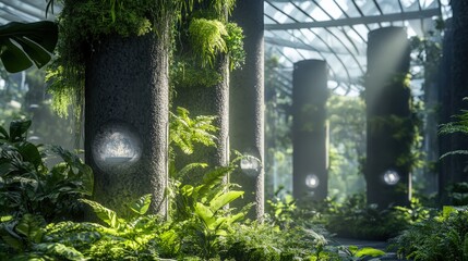 Lush green indoor garden with pillars and soft natural light