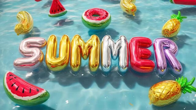 Metallic balloon-style letters forming SUMMER float playfully alongside inflatable fruits like pineapple, banana, and watermelon in a bright tropical pool scene