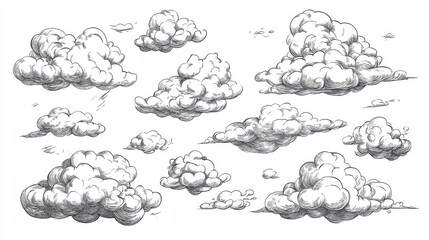 Fototapeta premium Sketch clouds. Hand drawn sky cloudscape. Outline sketching cloud vintage collection illustration , no logos, no brands