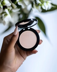 Person is holding a compact powder compact in their hand