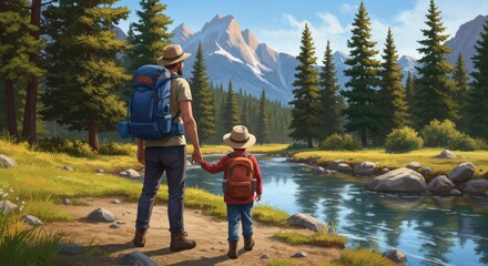 A father and son holding hands hiking near a river with mountains and trees in the background scene