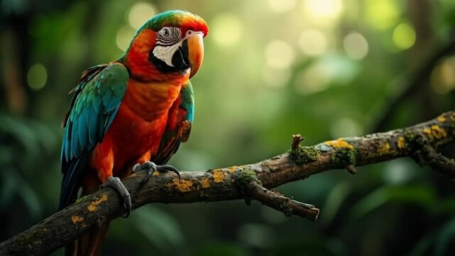 A colorful parrot perched on a tree branch in a lush green forest. Smooth repeating motion for background video animation.