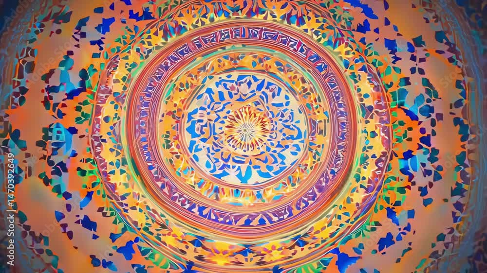 Poster bright and vibrant mandala with intricate kaleidoscopic pattern as colorful circular background desi