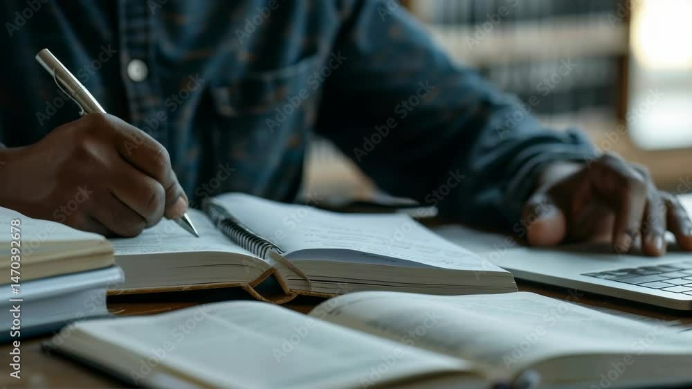 Poster A student diligently writes notes in a notebook alongside open books, while using a laptop. The scene depicts focused studying and the blending of traditional with digital learning.