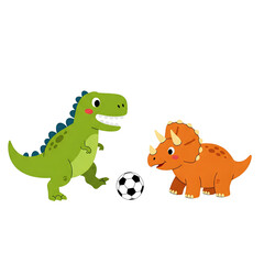 Fototapeta premium Adorable cartoon dinosaurs playing soccer a fun illustration perfect for kids books childrens apparel websites and playful designs featuring a T Rex and Triceratops enjoying a friendly game