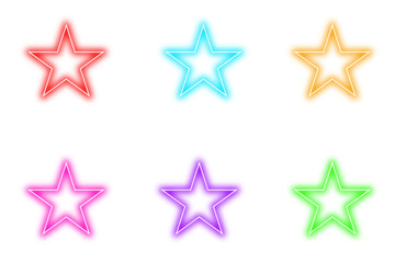 Obraz premium Neon glowing star on transparent background, pink, blue, gold, purple, green, and red neon light glowing illuminated design, Glow Star effect. 