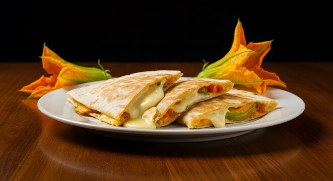 Quesadillas de flor de calabaza with cheese on a restaurant table