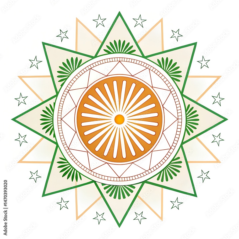 Poster elegant geometric star: a symmetrical starburst design features intricate geometric patterns in eart