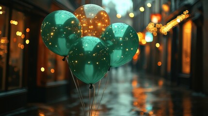 Colorful balloons with string lights in a rainy street setting