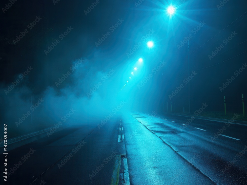 Poster rays searchlight light blue neon . dark empty scene with smoke. reflections on wet asphalt..