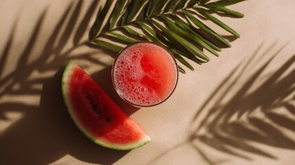 Top-down view of watermelon and cold drink with shadows of palm leaves, beige background, side space