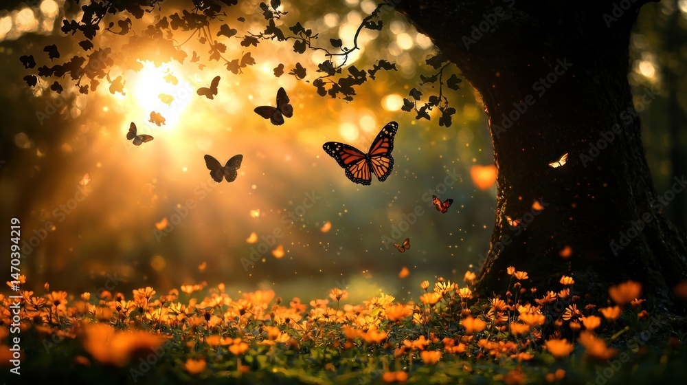 Poster Butterflies flutter around a beautiful tree in a sunny forest scene