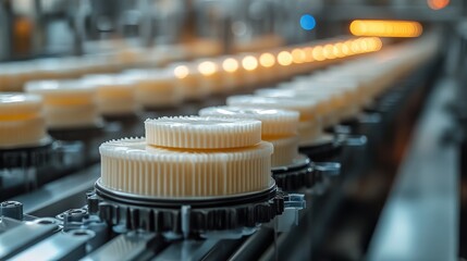 Close up of industrial manufacturing process with gears on conveyor belt