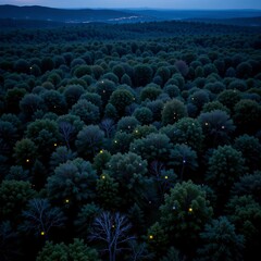 aerial drone photo of fireflies blinking over a dark forest at twilight