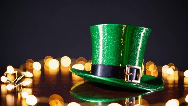 Festive green leprechaun hat with twinkling lights on wooden surface