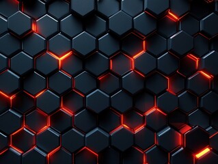 Abstract dark hexagon pattern with glowing orange edges, creating a textured, three-dimensional effect