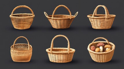Woven rustic wicker basket set. With and without handle. Square and round shape. Element for garden harvest bbq picnic flower mushrooms easter egg eco box. Empty gift hamper. Cartoon style isolated