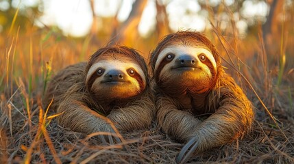 Obraz premium Two sloths cuddle together in a grassy field, bathed in the warm glow of the setting sun