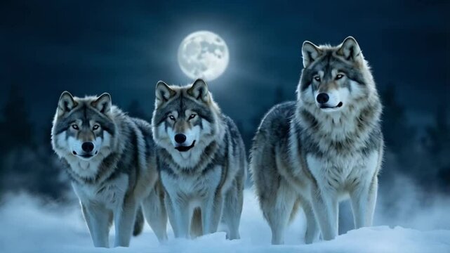 Three wolves standing on the snow, with a full moon in the background. Smooth repeating motion for background video animation.