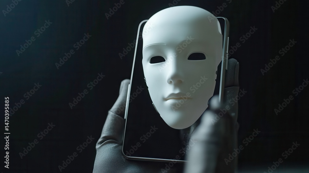 Poster a hand holding a smartphone with a white robot face on the screen and a chatbot icon used for an ai 