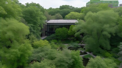 Modern architectural structure surrounded by lush green foliage showcasing harmony between nature and design
