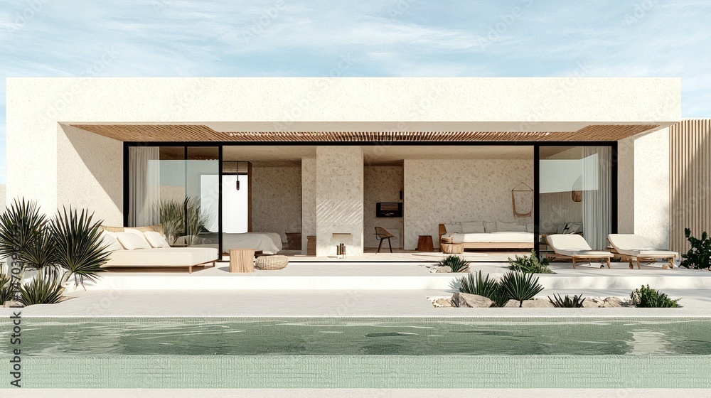 Poster modern luxurious open concept house with a pool and lounge area