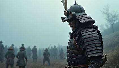 Naklejka premium Samurai warrior standing in foggy landscape 