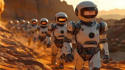 Line of robots walking on desert terrain with sunset lighting effects
