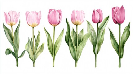 Obraz premium Exquisite Watercolor Bouquet with Pink Tulips, Rose, and Leaves