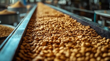 Close-up of a conveyor belt filled with roasted nuts in a bustling processing facility