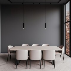 Modern Dining Area with Minimalist Design, Gray Walls, Wooden Table, and Elegant Chairs with Natural Light.