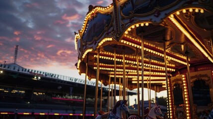 Vibrant carousel under a colorful sunset with illuminated details