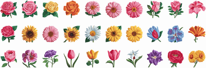 Vector sheet with bright flower icons showing roses, sunflowers, daisies, and tulips on white background