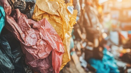 Colorful plastic waste textures piled in urban environment