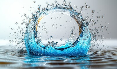 Fototapeta premium A vibrant blue liquid forms a ring-shaped splash, with droplets and ripples extending outwards on a light grey background