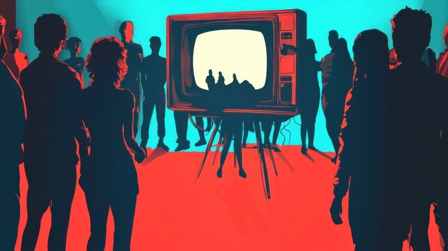 Creative TV manipulation and brainwash background with people and shadows illustration , no logos, no brands