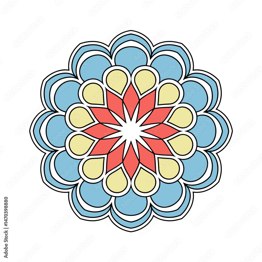 Poster minimalist mandala with interlocking circles and triangles in primary colors – perfect for abstract 